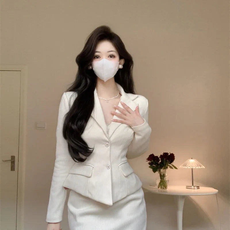 UNXX Autumn/winter Fragrance Style Short Waist Suit Jacket Hip Overskirt  Retro Single-breasted Coat Skirt Two-piece Set Woman's