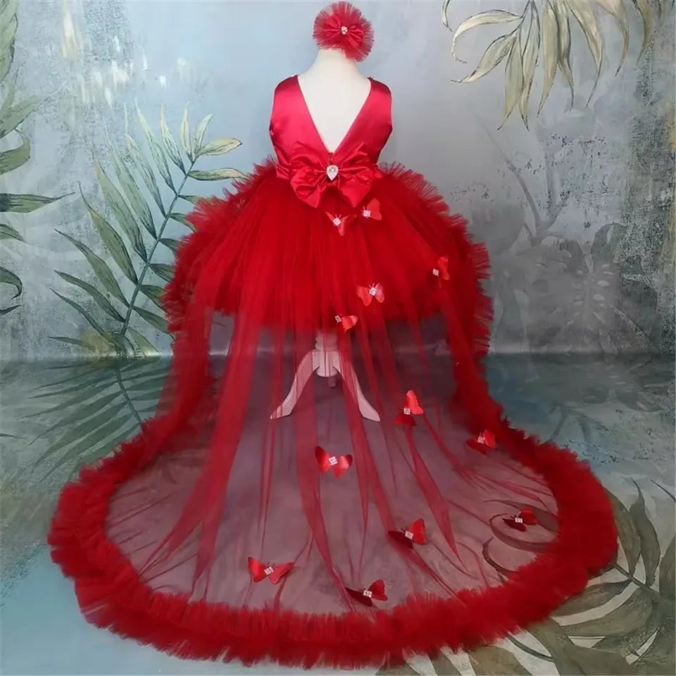 Customized Red Flower Girl Dresses For Wedding Tulle Butterflies With Bow Puffy Cute Toddler Birthday Party Pageant Ball Gown