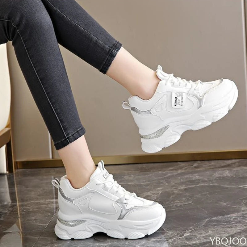 Women's lightweight white sports shoes with thick soles and height-increasing design, ideal for spring and autumn casual wear.