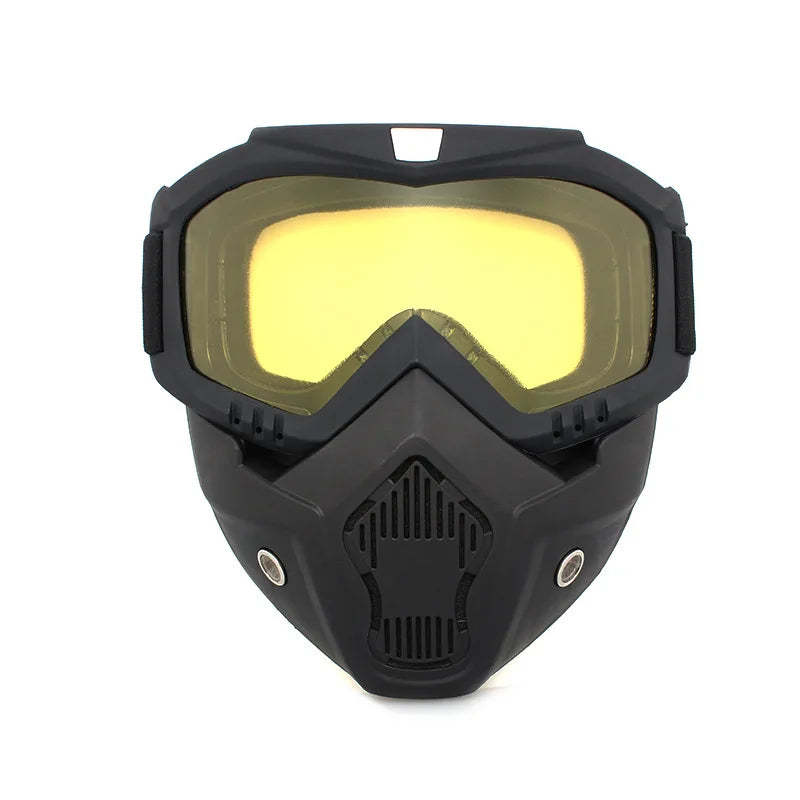 Full face bicycle helmet with anti-fog mask, safety goggles, and mouth filter for airsoft, paintball, and hunting activities.