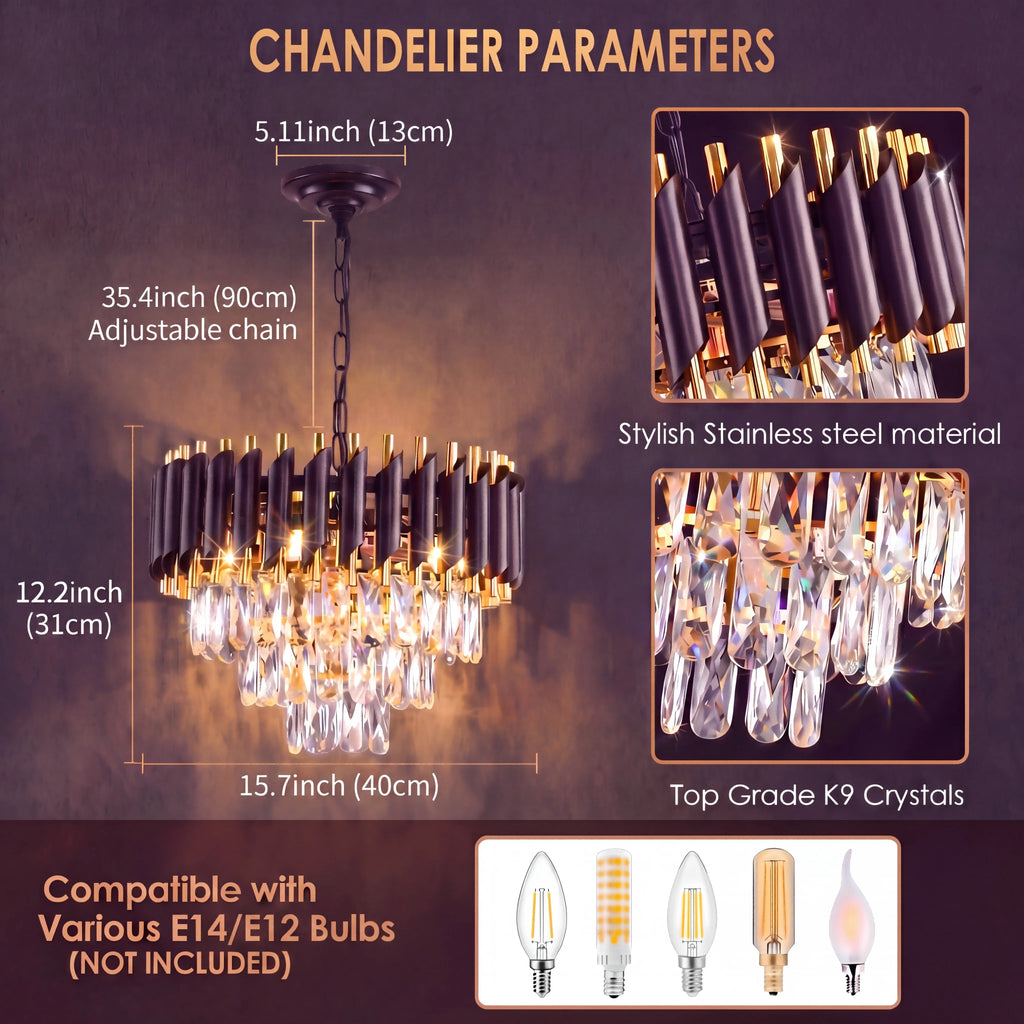 Modern black and gold crystal chandelier with LED ceiling light, featuring intricate crystal details and elegant design