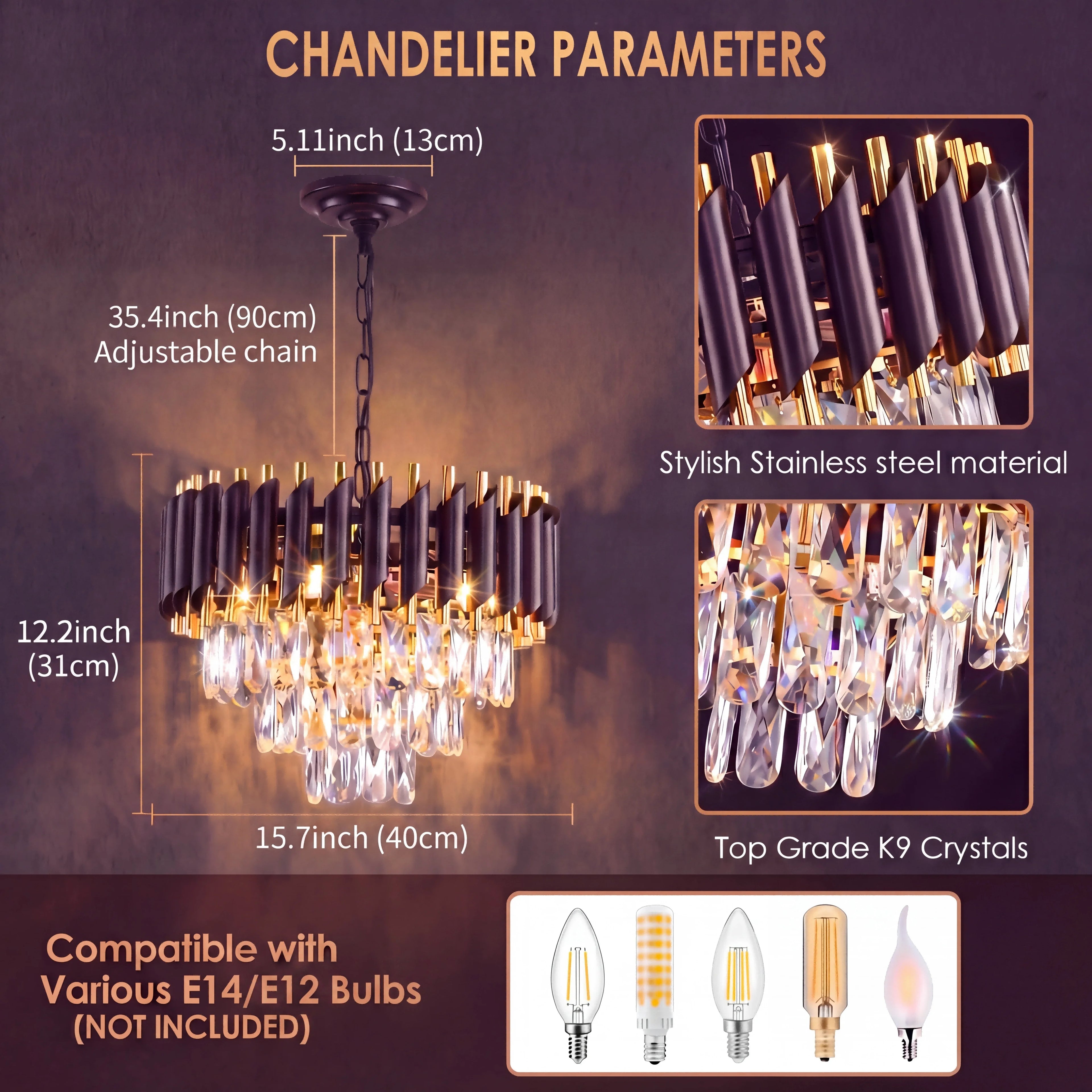 Modern black and gold crystal chandelier with LED ceiling light, featuring intricate crystal details and elegant design