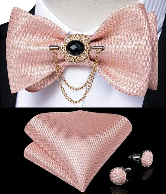 DiBanGu men's pink solid bow tie set with pocket square and cufflinks, ideal for wedding attire, by Showlu Fashion Store.