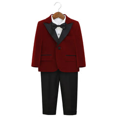 Autumn Boys Red Velvet Suit Set Children Birthday Party Wedding Host Piano Performance Costume Kids Blazer Pants Bowtie Outfit