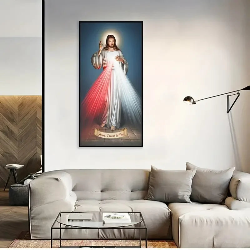 Divine Mercy Jesus wall art canvas poster with inspirational religious message, featuring a serene image of Jesus.