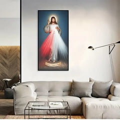 A vertical canvas print of the Divine Mercy Jesus with the inscription Jesus I trust in You.