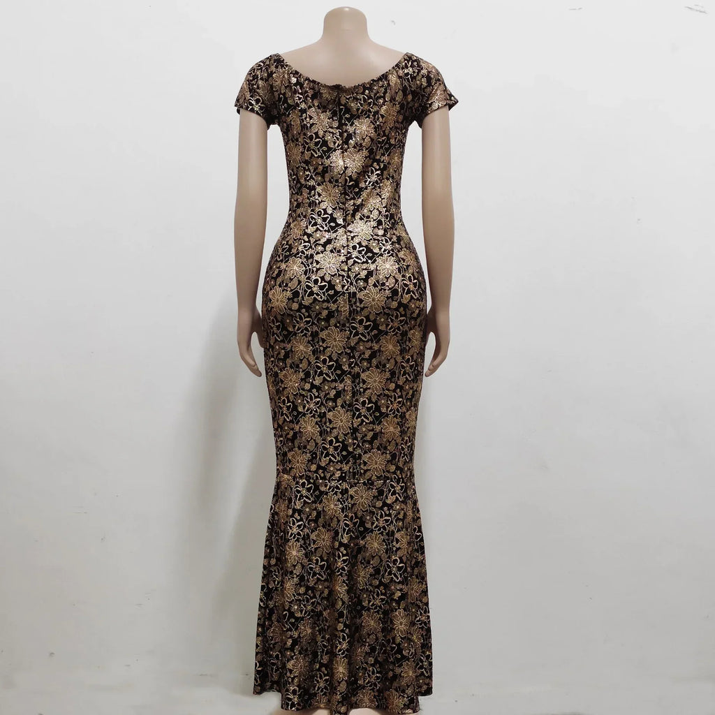 Elegant off-the-shoulder floral maxi dress for women with a slit, perfect for parties, by SHOWLU FASHION STORE.