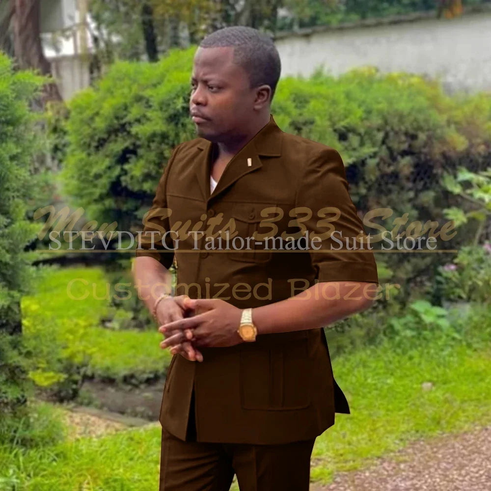 Safari men’s short sleeve suit set with jacket and pants, single breasted, stand notch lapel, African fashion style by Showlu Fashion
