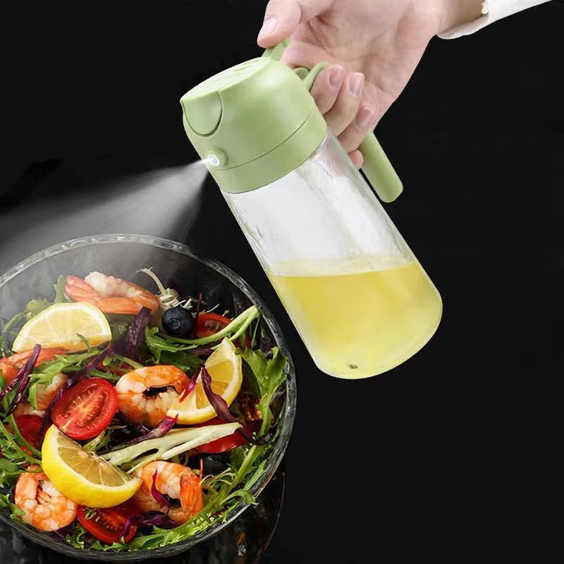 Plastic spray oil dispenser bottle with 2-in-1 design, 500ml capacity, ideal for cooking, baking, BBQ, and picnic use.