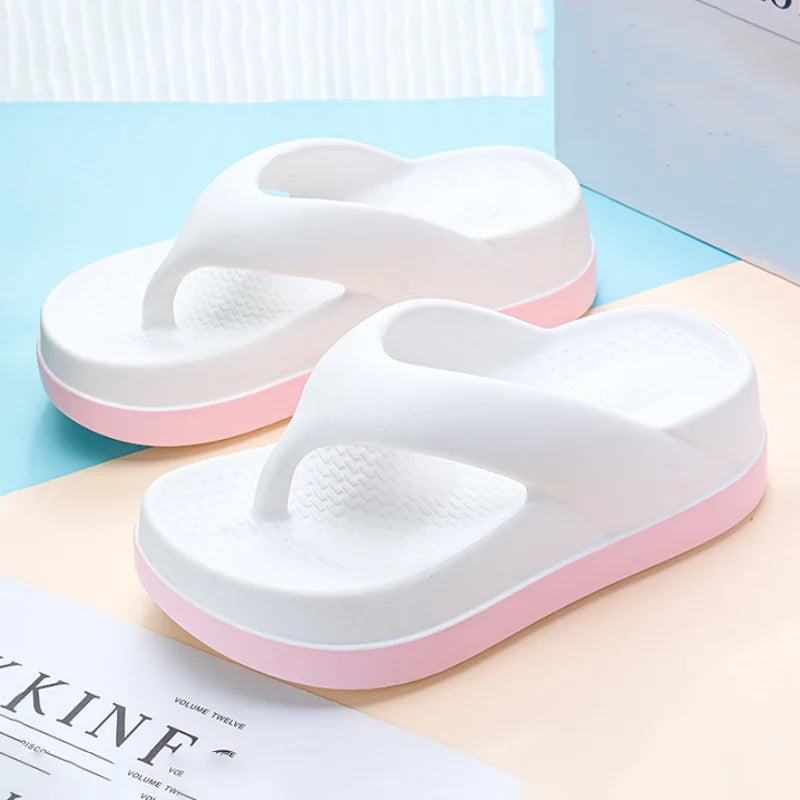 SHOWLU Women's platform flip flops with non-slip soles, casual summer sandals in beige with thick cushioned straps.