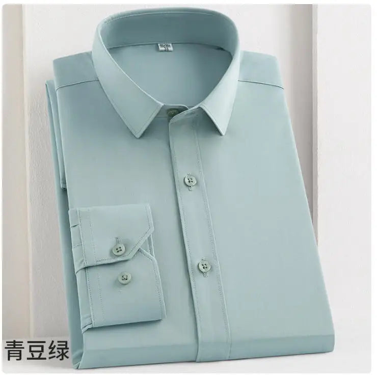 White bamboo fiber men's long sleeve dress shirt with stretch, soft, professional fit, size 8XL, featuring a formal business style.