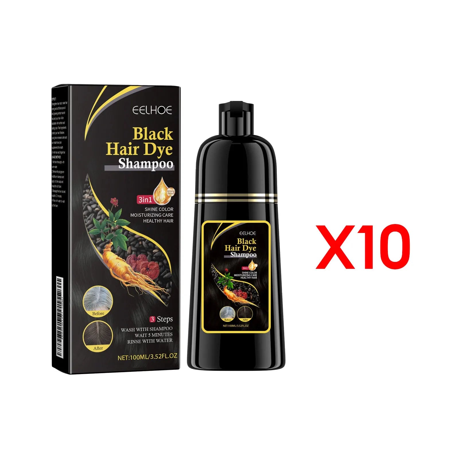 EELHOE 3-in-1 natural plant hair dye shampoo for grey coverage, 100ml, shown in a bottle with green and white packaging.