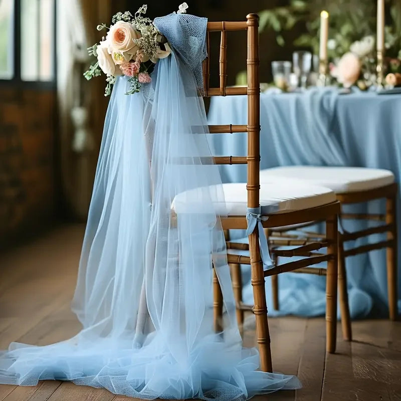 Set of 10 wedding chair sashes with gauze fabric, 200x75cm, in soft pastel color, featuring bows and ribbons for aisle decor.