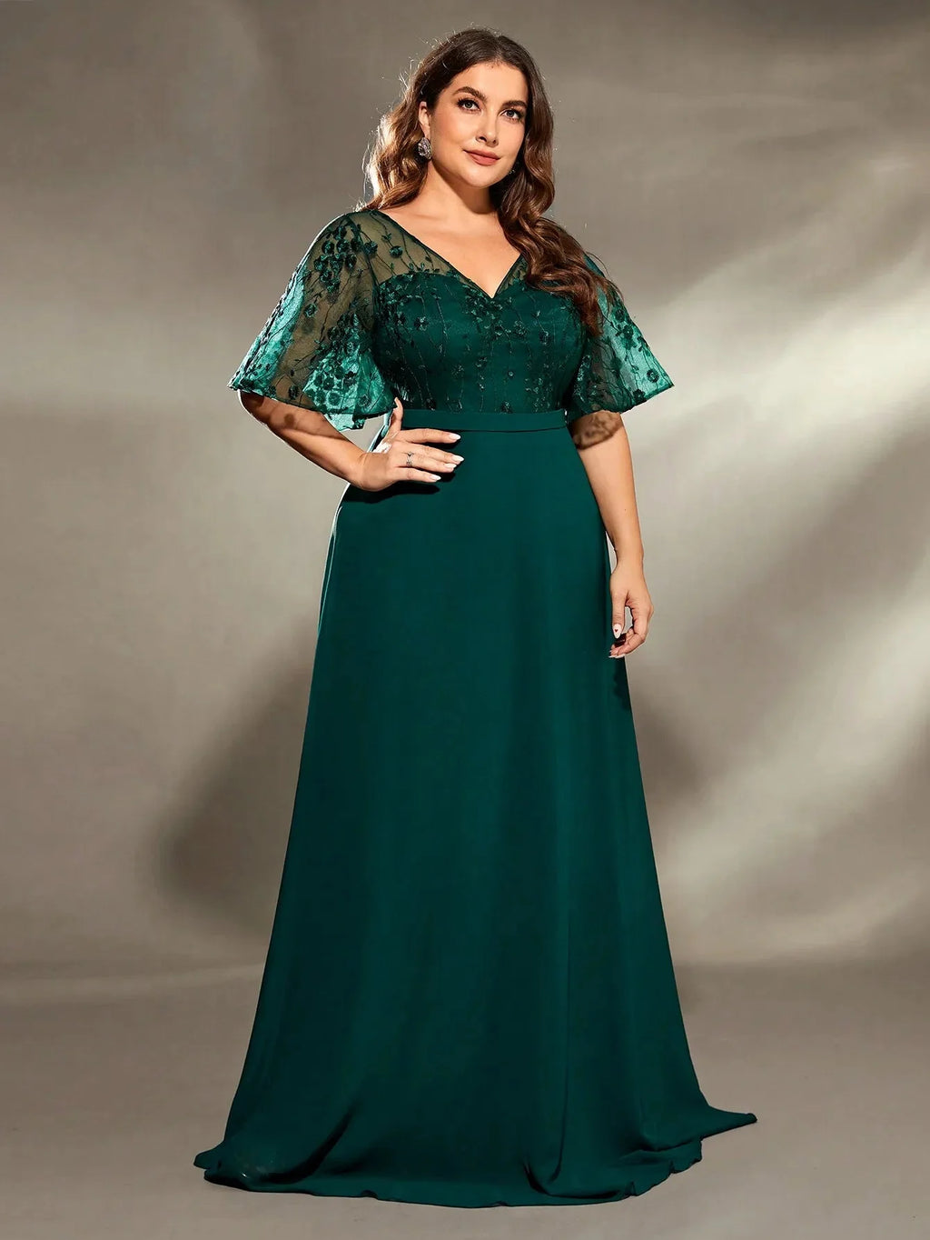 Plus size SHOWLU FASHION STORE V-neck embroidered chiffon evening gown with flowing skirt and intricate embroidery detail.