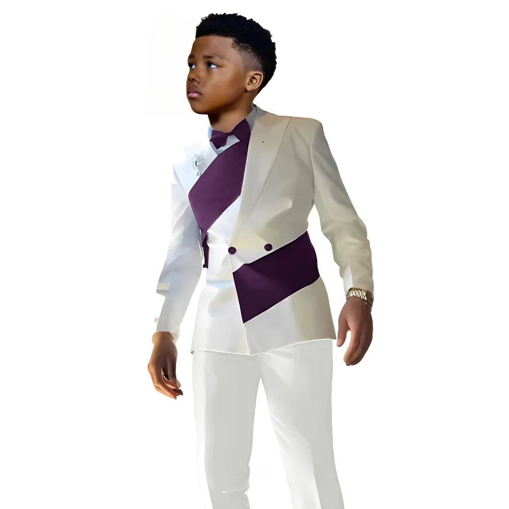 White satin boys' suit 2-piece set with blazer and pants, tailored wedding tuxedo for kids aged 2-16, slim fit formal attire