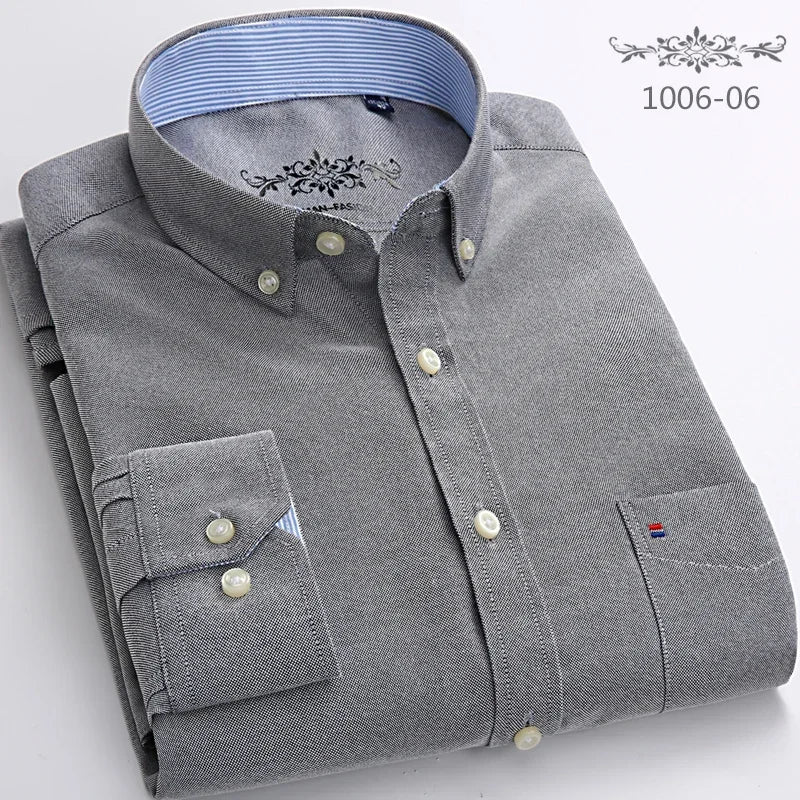 Men's long sleeve plaid Oxford casual dress shirt in solid color print, oversized fit, 100% cotton from Showlu Fashion Store.