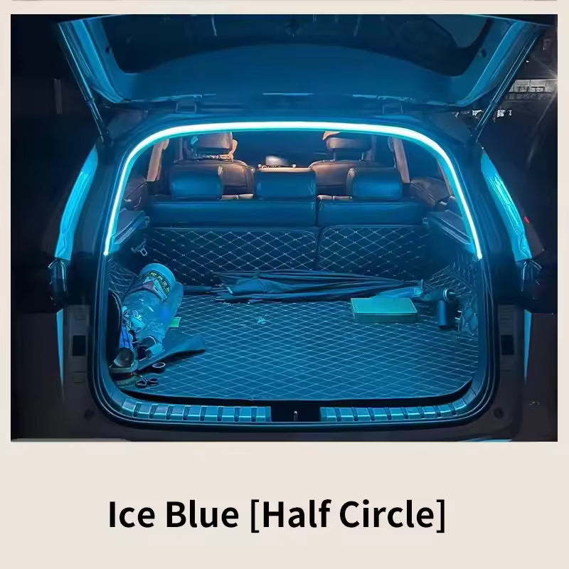 LUMERIS Motion Sensor LED Car Trunk Light Strip showing ambient lighting inside a vehicle trunk with motion detection features