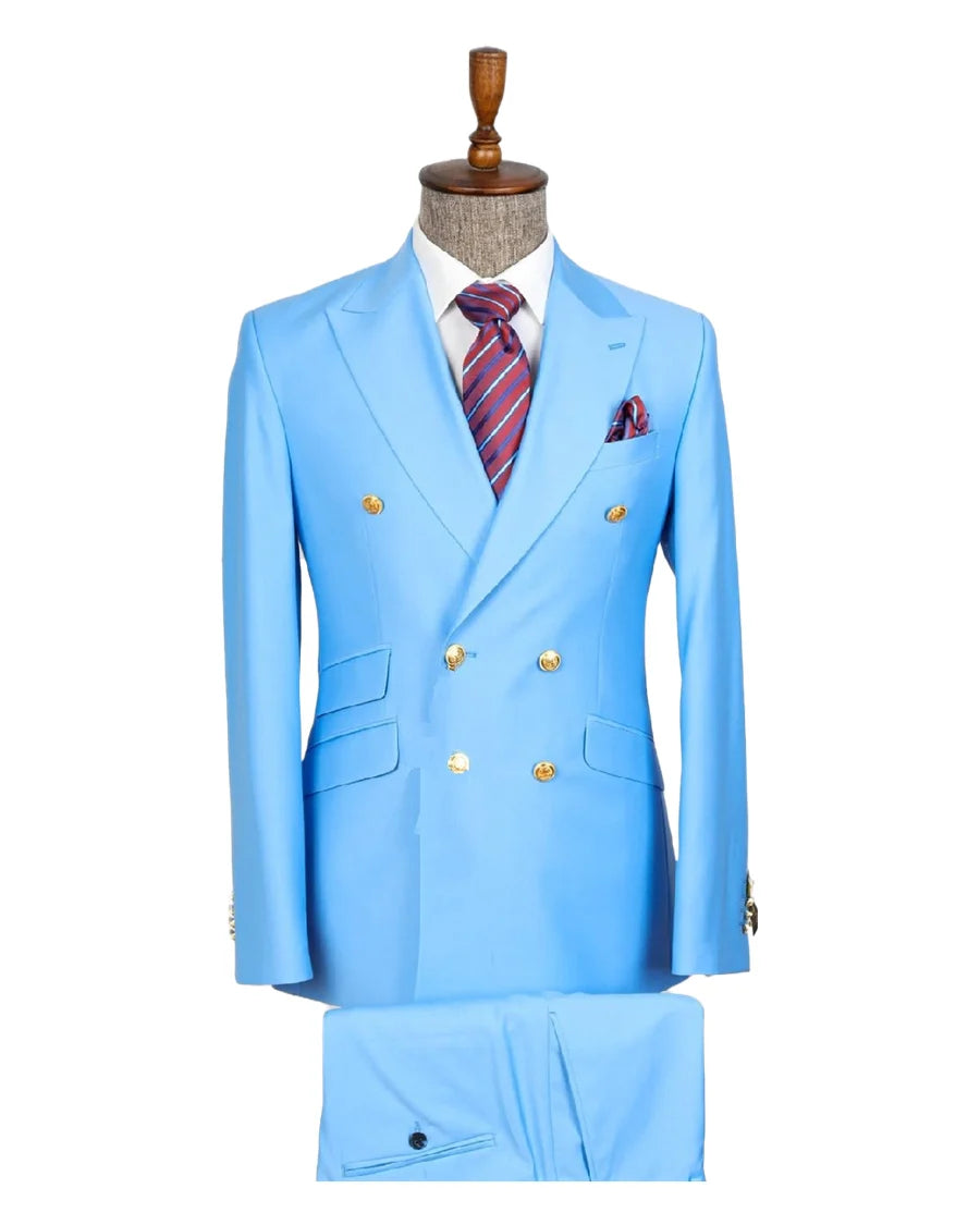 Men's slim fit double-breasted tuxedo suit with peak lapels, jacket and pants, ideal for wedding, formal events, and parties.