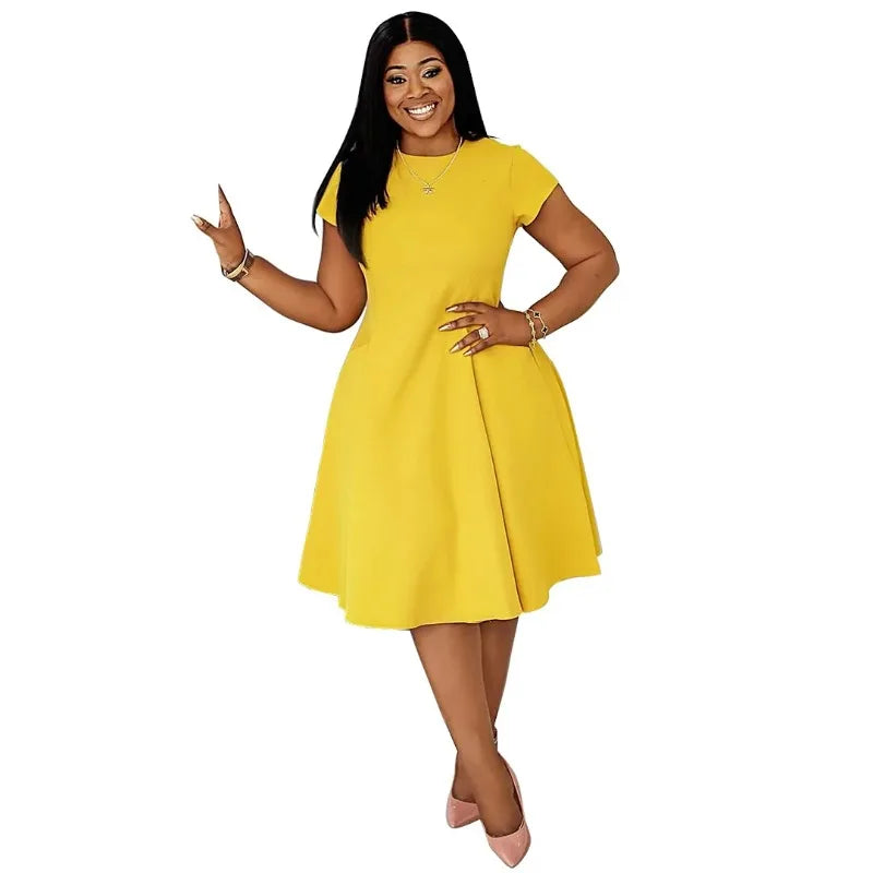 Plus size women's short sleeve midi dress by Showlu Fashion, casual street style oversized summer dress in L-4XL size.