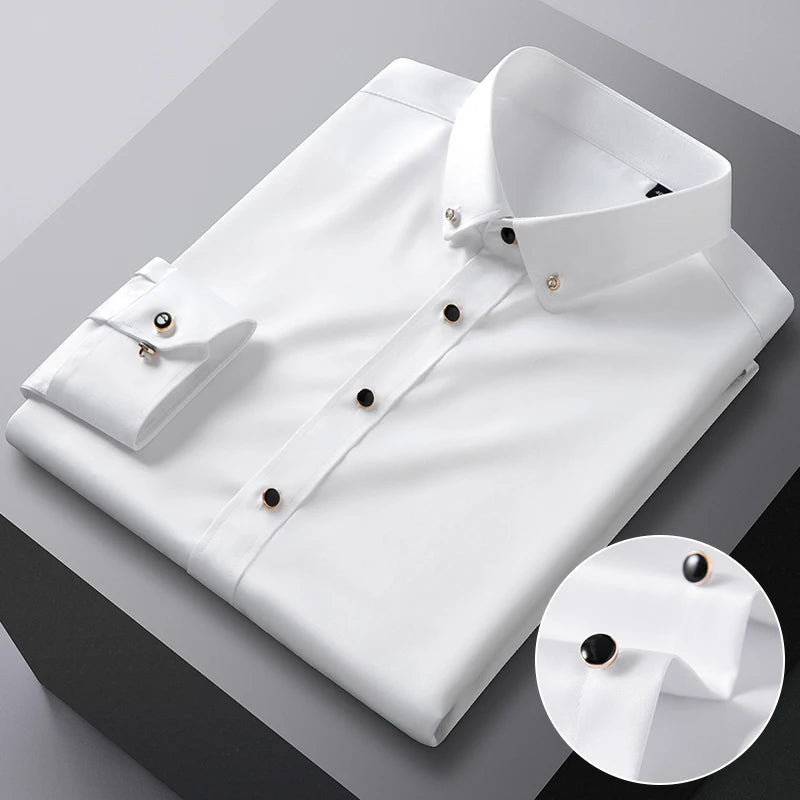 Elegant men's long sleeve dress shirt by Showlu Fashion with silk-feel stretch fabric and diamond buttons, ideal for formal events.