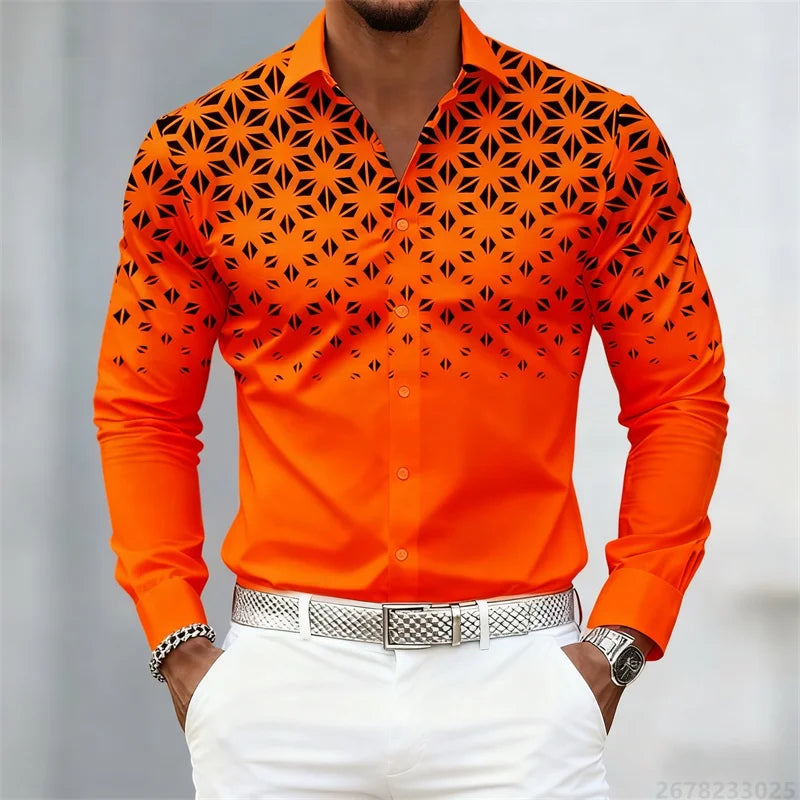Men's long sleeve shirt with geometric pattern in 17 colors, trendy slim fit casual shirt by Showlu Fashion Store.
