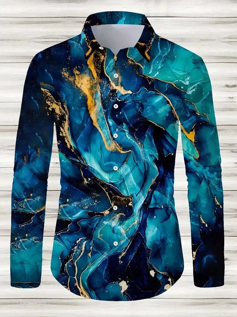 Men's long sleeve shirt with irregular geometric print, button closure, from Showlu Fashion Store, street fashion style.