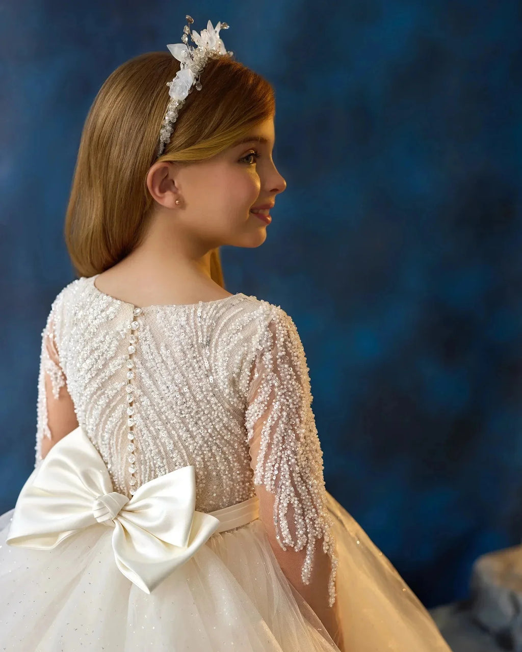 Showlu Smart Princess flower girl dress with full sleeves, beaded bow, tulle fabric, and floor length for weddings and special occasions.