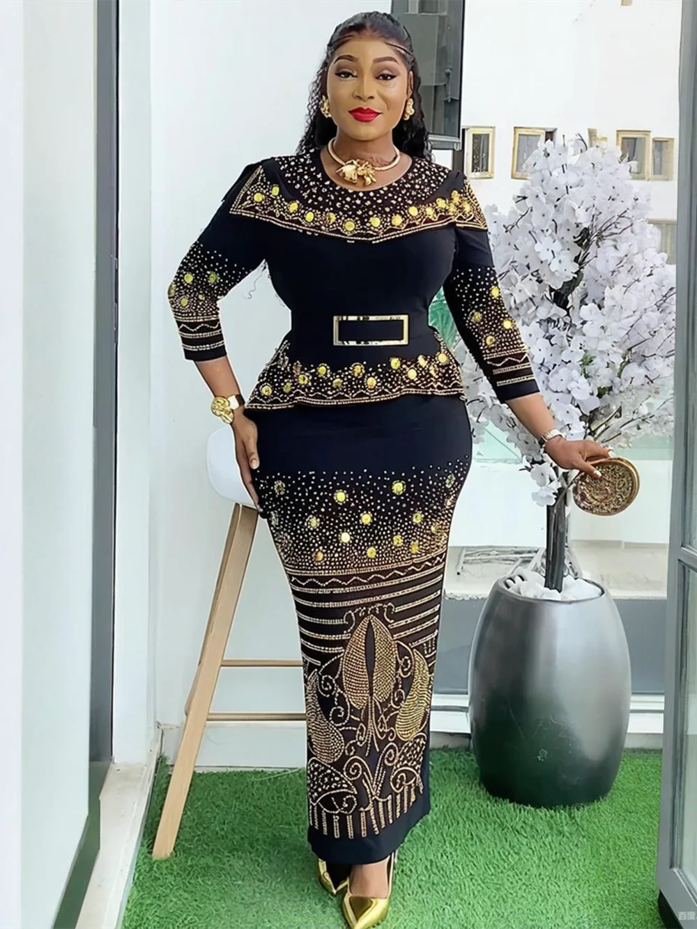 Plus size African party dress by Showlu Fashion, long Dashiki diamond bodycon maxi gown for elegant Muslim wedding or evening event