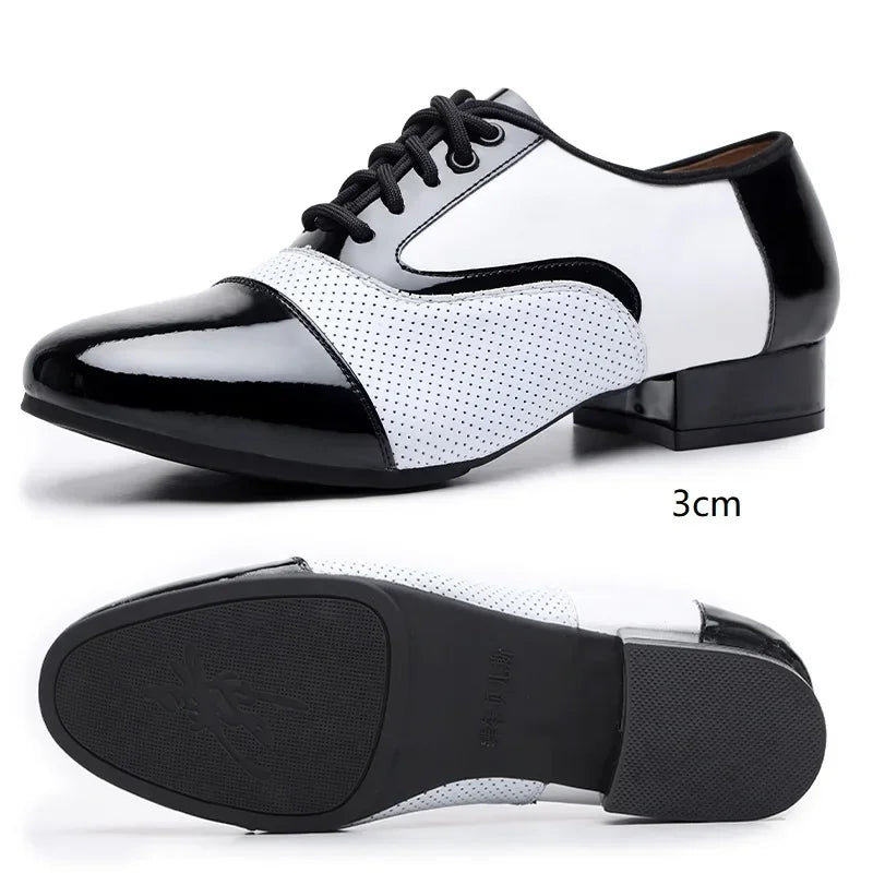 Men's modern dance shoes by Showlu Fashion, soft leather, breathable Latin and jazz style dance sneakers with a sleek square toe design.