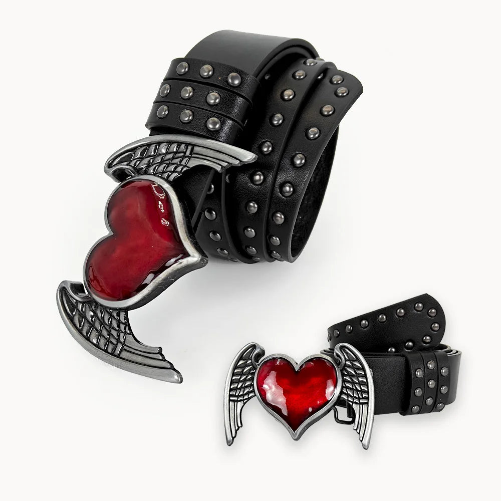 Unisex Gothic red heart sword belt with black rivets, Y2K fashion style, featuring a designer-inspired punk accessory for men and women