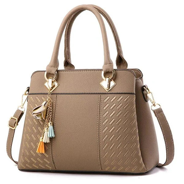 Luxury embroidery PU leather tote bag with tassel, large capacity, SHOWLU FASHION STORE, stylish women's handbag in black.