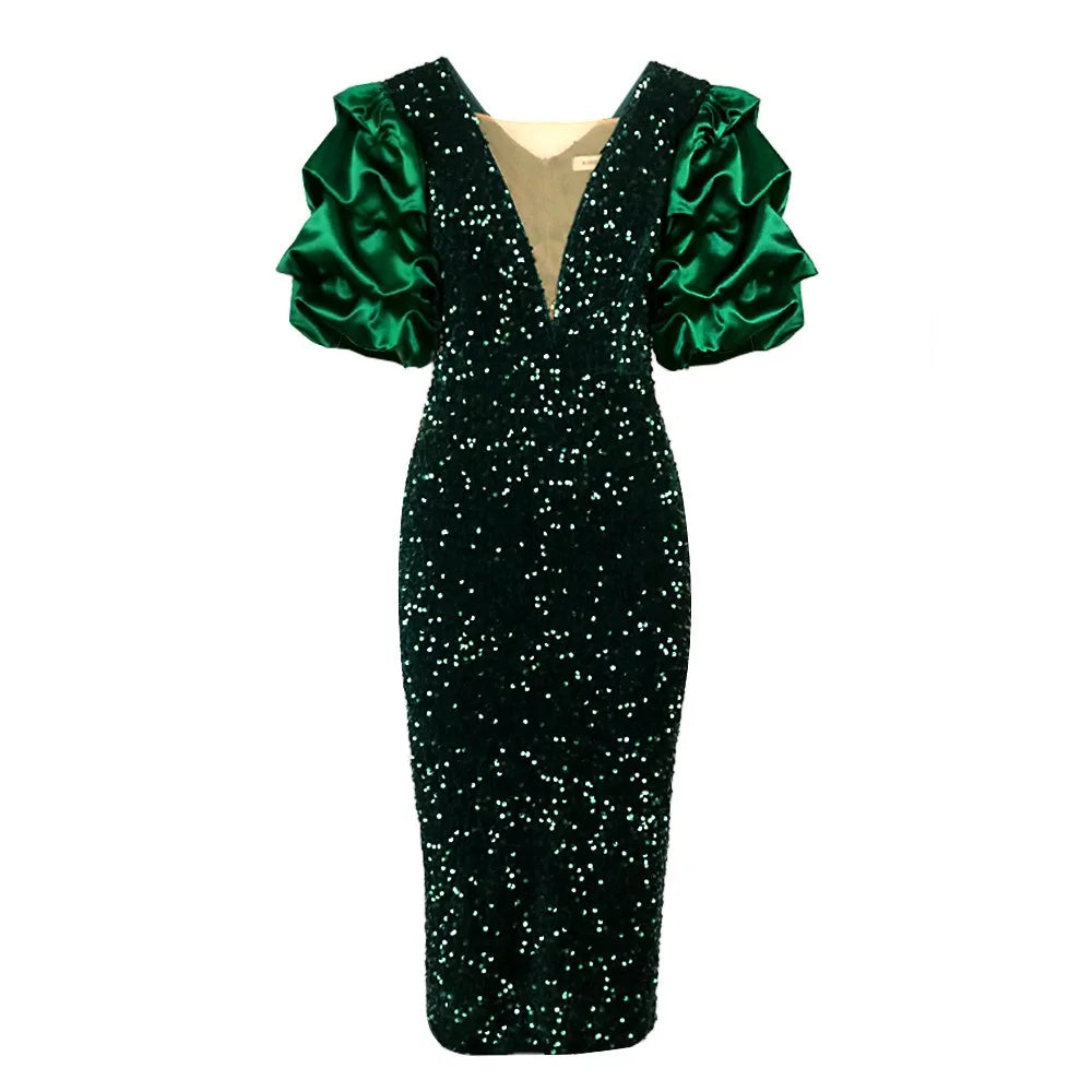 Kalenmos women's off-shoulder sequin evening gown, mid-calf length, elegant party dress with shimmering embellishments.