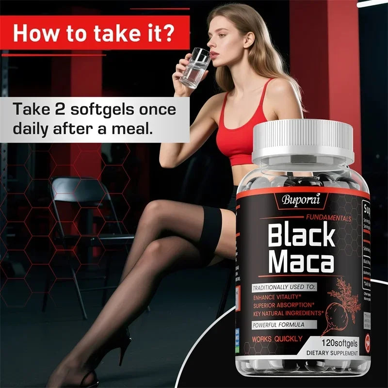 Black Maca supplement bottle by Showlu Fashion Store, featuring natural maca root powder for energy, endurance, and hormonal balance.