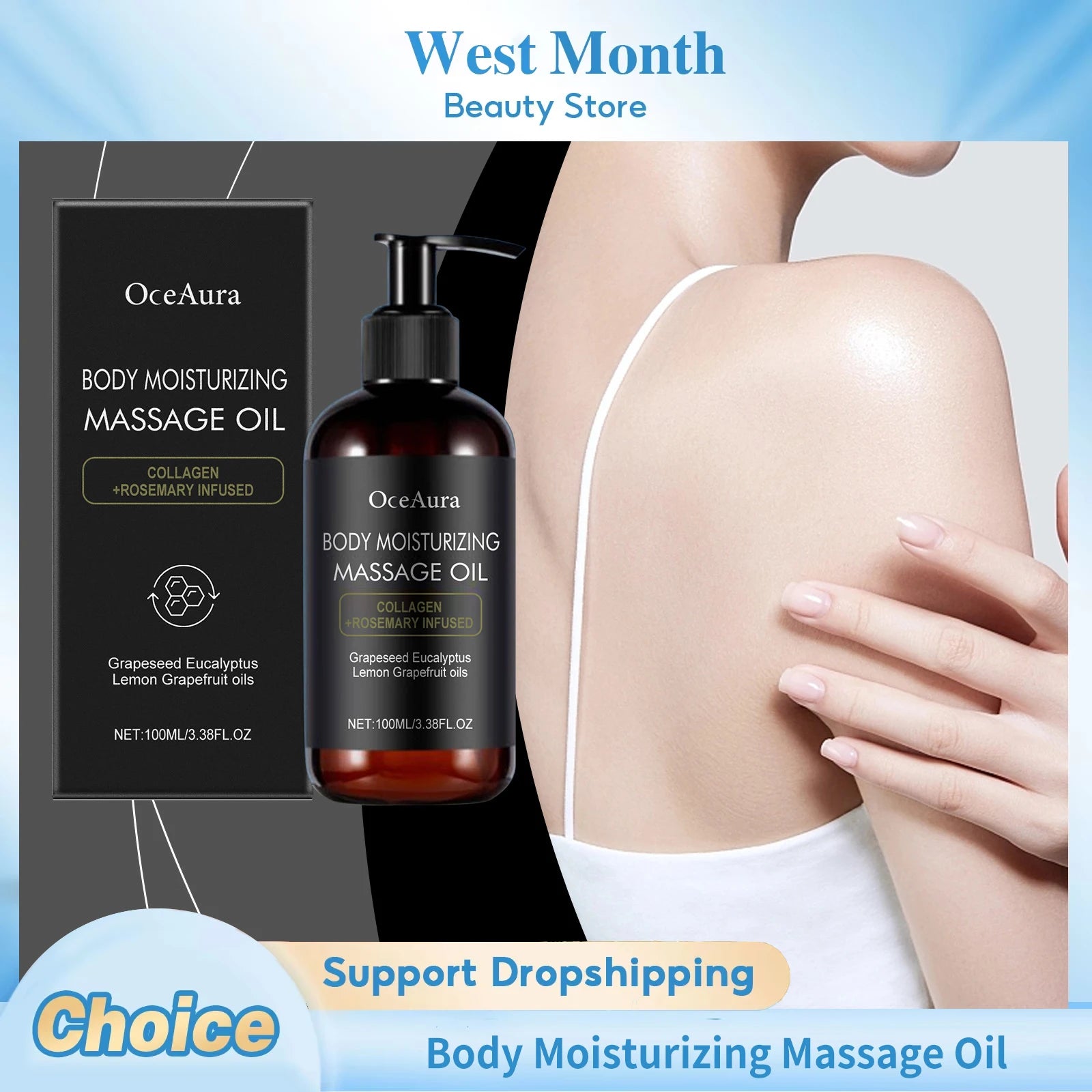 OceAura Body Massage Oil by Showlu Fashion Store, nourishing plant-based formula for skin tightening and relaxation.