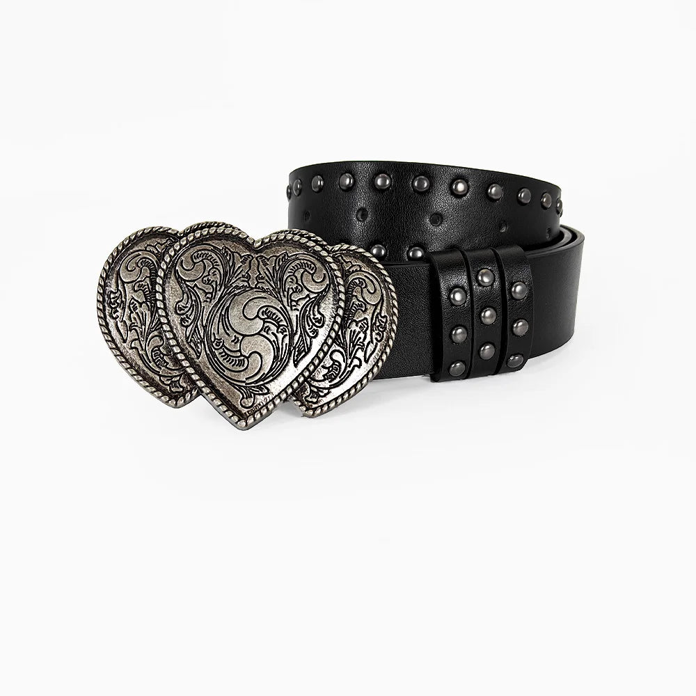 Red heart Gothic unisex jeans belt with rivets, Y2K fashion style, black leather, suitable for women and men, designer luxury accessory
