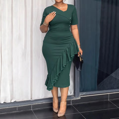 Africa Dress for Women for Evening Party Summer Fashion African Short Sleeve V-neck Green Polyester Bodycon Midi Dresses
