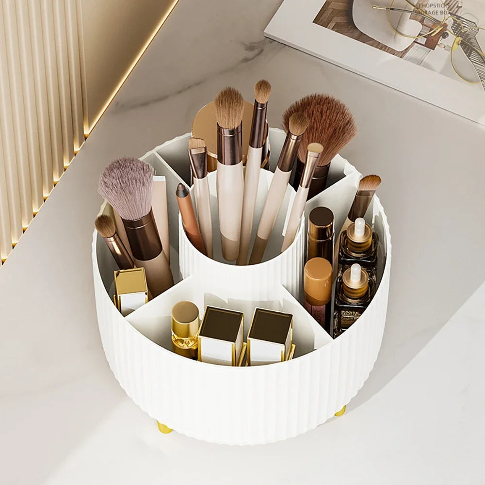 Showlu Smart 360° rotatable makeup and jewelry storage box with 5 compartments, featuring a sleek design and multiple organize zones.