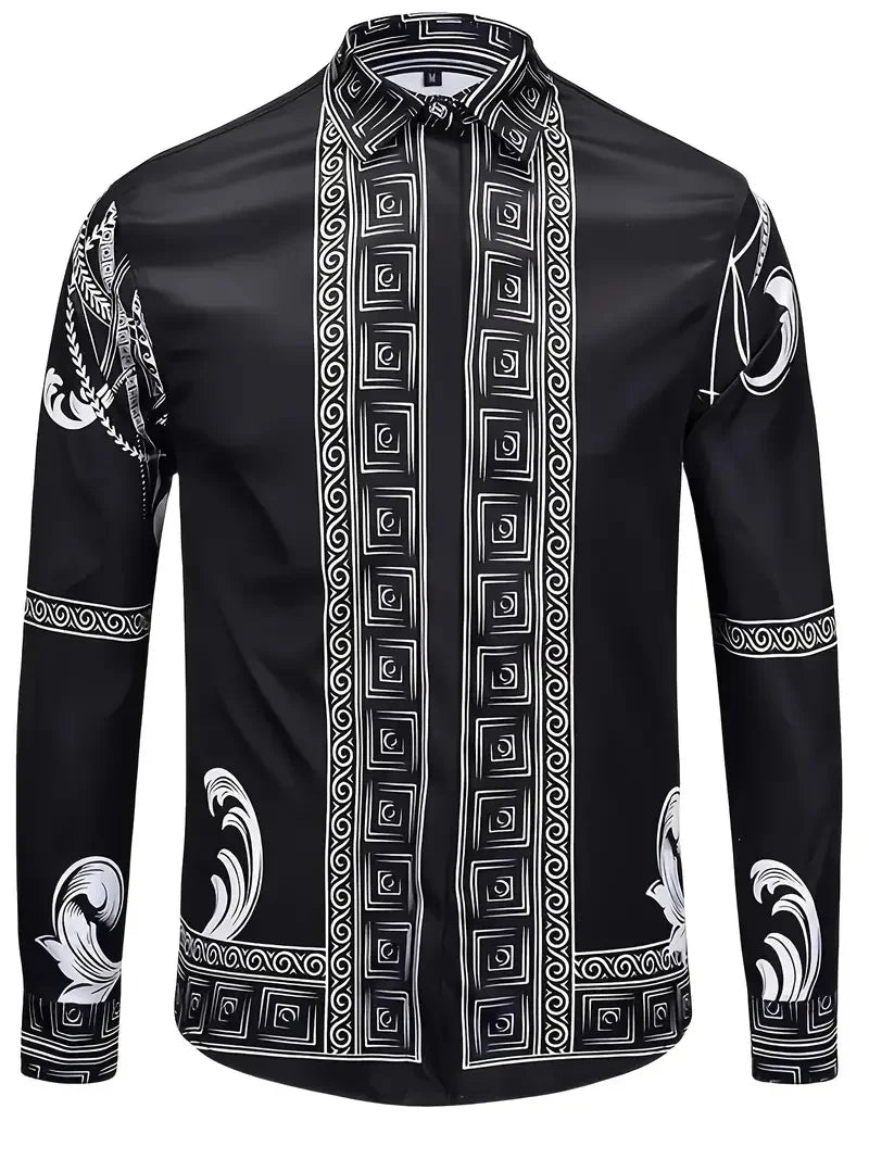 Hawaiian men's long sleeve shirt with 3D printed design, button-up front, casual street style, from Showlu Fashion Store.