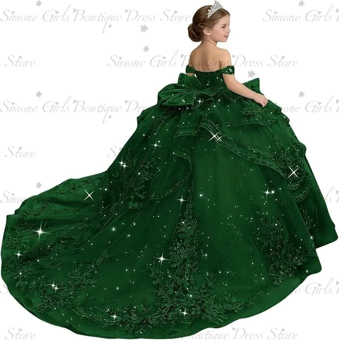Princess Off Shoulder Flower Girl Dress for Wedding Kids Lace Appliqued Tulle Pageant Dress Customized Birthday Party Ball Gown