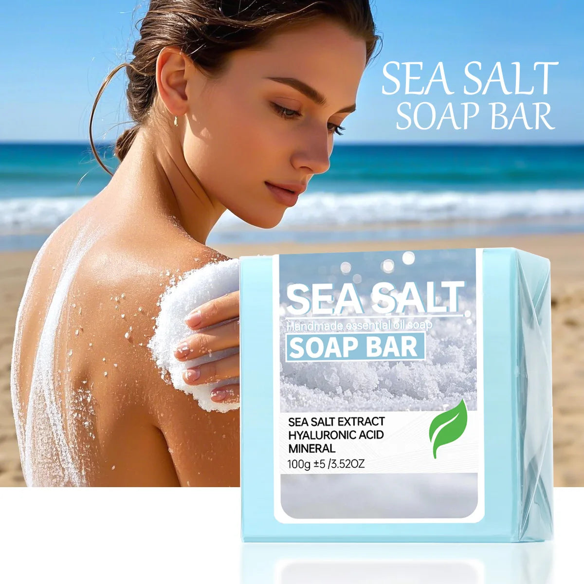 Handmade sea salt essential oil soap with hyaluronic acid for deep cleansing and moisturizing skin care.