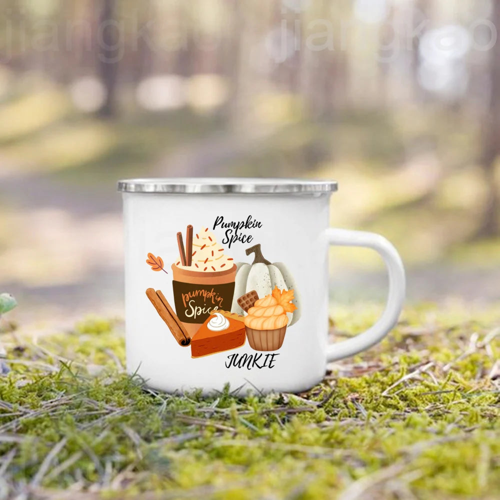 Showlu Pumpkin Spice Jesus Christ enamel mug with fall-themed design, perfect for camping and coffee enjoyment.
