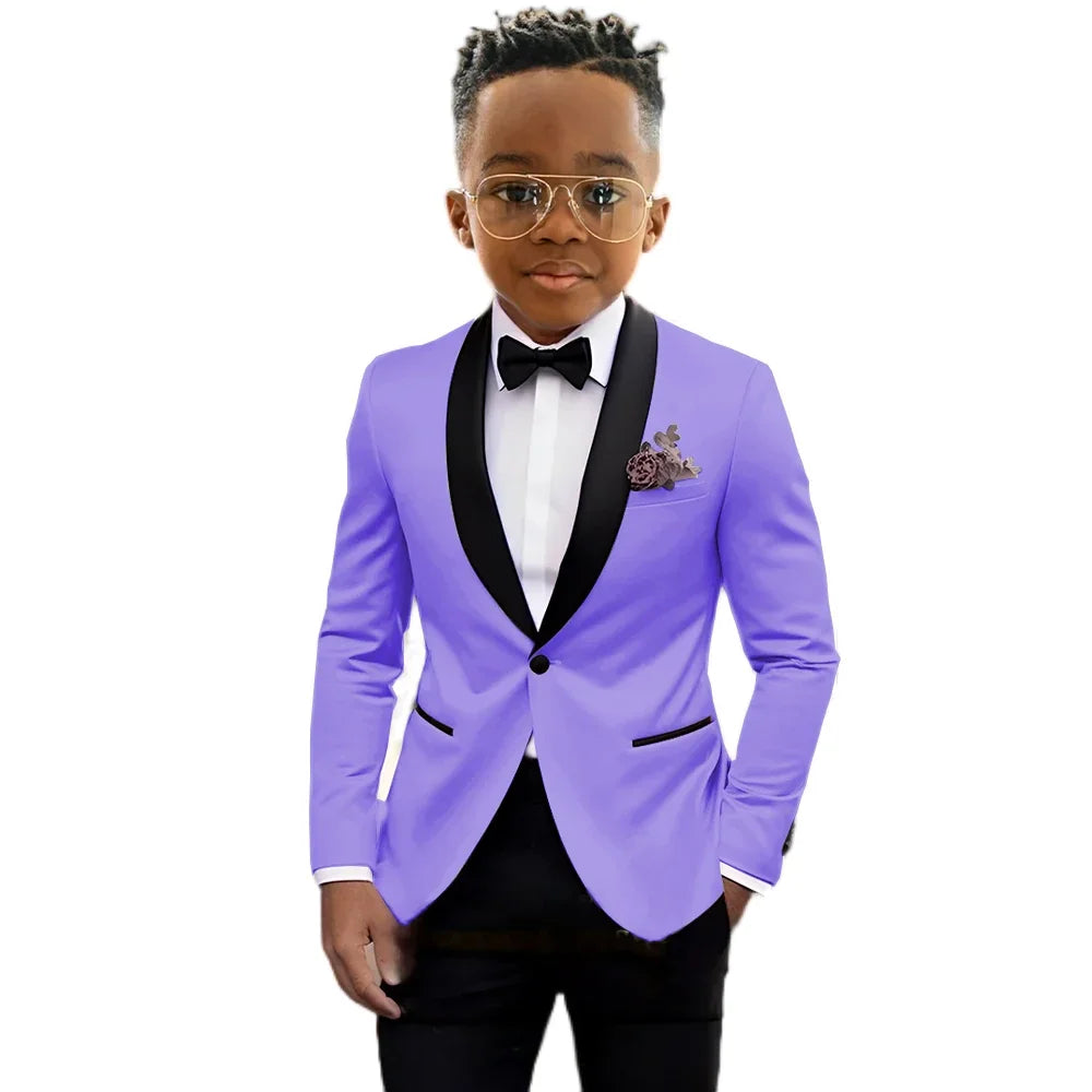 Boy's blazer and pant suit set for children, formal tuxedo style with bow tie, suitable for weddings, birthdays, and stage performances.
