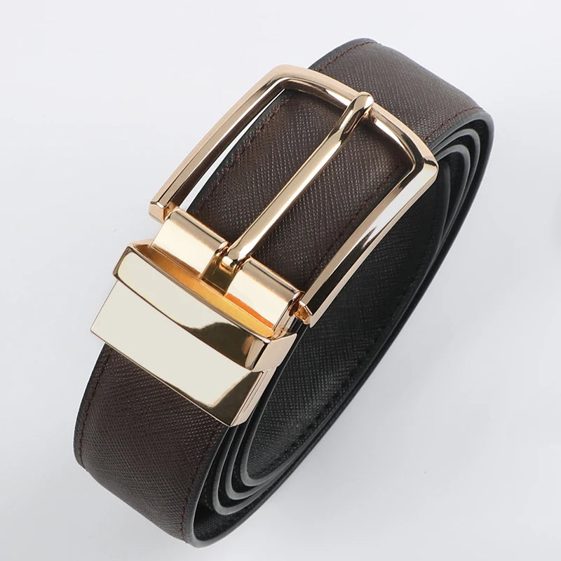 Men's genuine leather cowhide belt with rotating pin buckle, double-sided casual business belt for men.