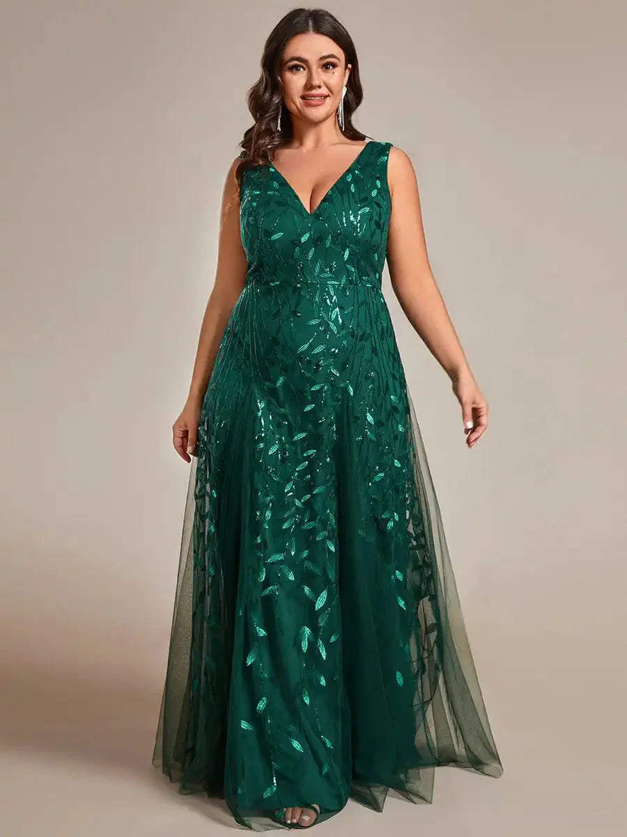 Plus size dark green sequin evening dress with V-neck and A-line silhouette from Ever Pretty, featuring elegant embellishments.