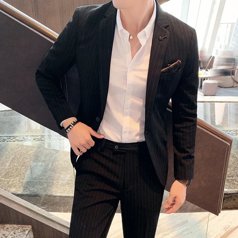 ( Blazer + Pants ) High-end Brand Formal Business Plaid Mens Suit Groom Wedding Dress Solid Color Stage Performance Tuxedo S-7XL SHOWLU FASHION STORE
