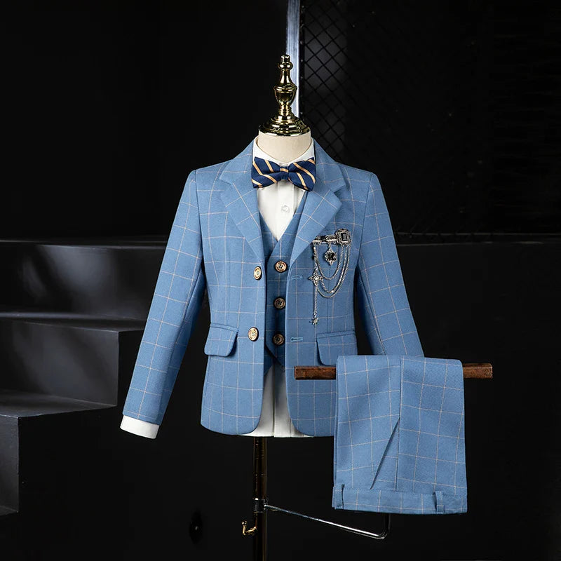 Kids formal tuxedo blazer set featuring a plaid wedding suit for boys by SHOWLU FASHION STORE, includes blazer and matching pants.