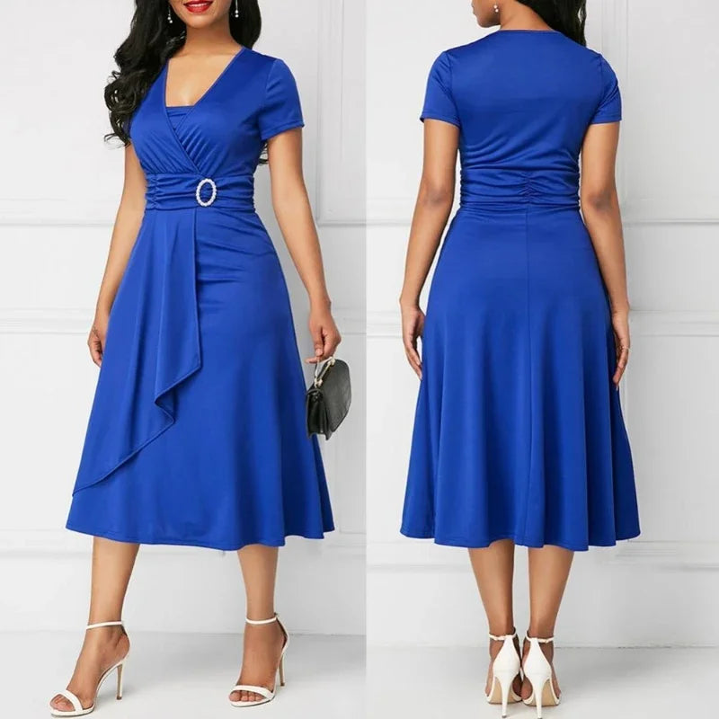 Liva Girl women's V-neck short sleeve summer party dress by SHOWLU FASHION STORE, elegant A-line style, lightweight fabric, and stylish design.