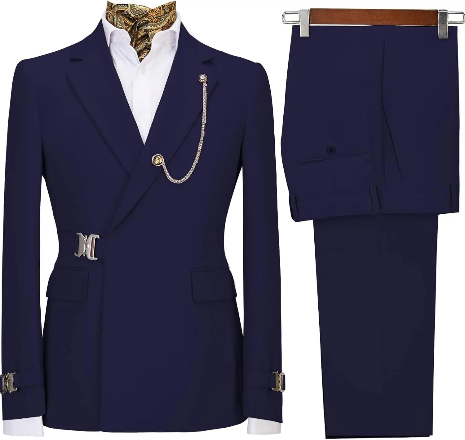 Men's slim fit tuxedo suit with metal clasp, stylish business casual 2-piece suit, shown in a modern, tailored fit for formal occasions.