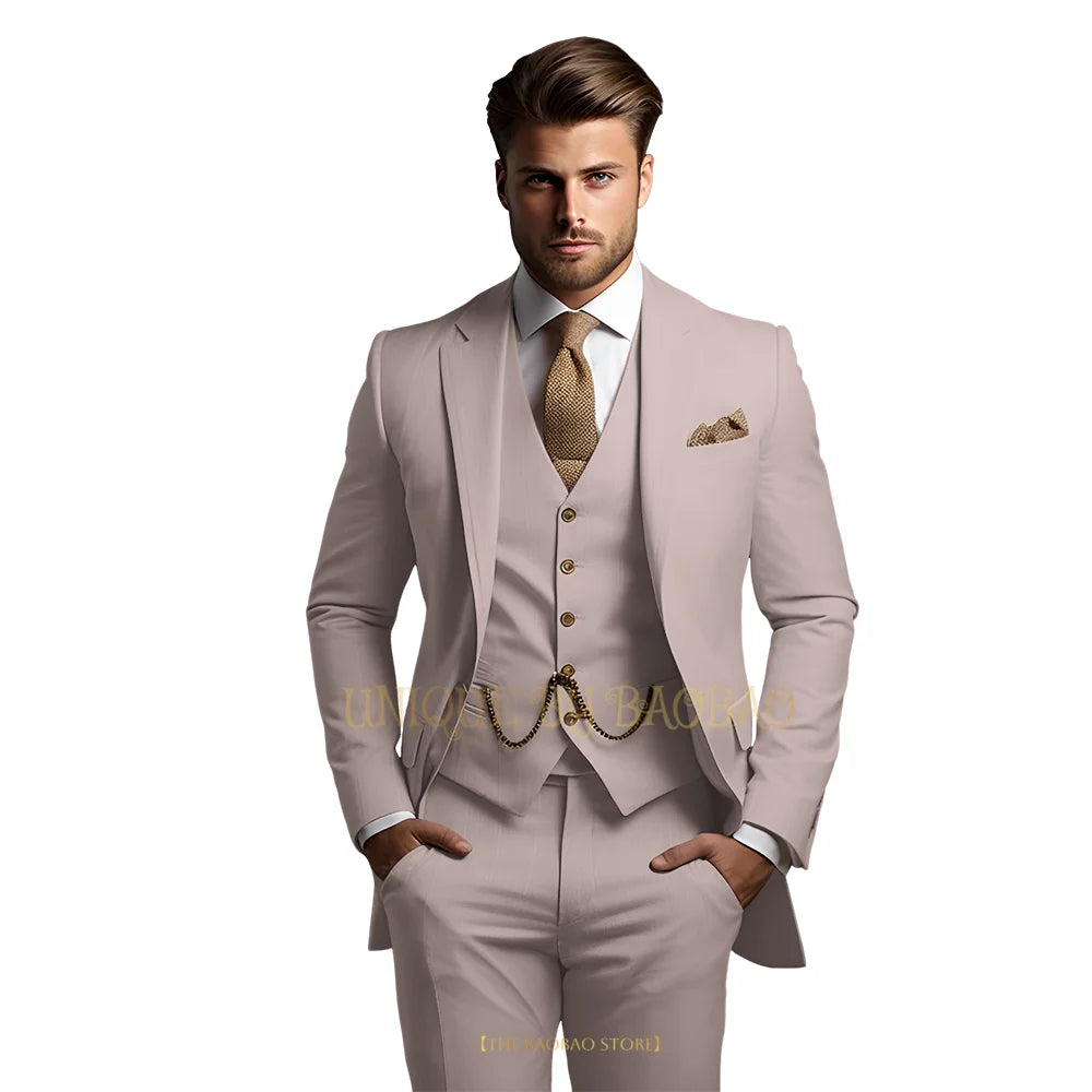 Men's grey 3-piece suit with jacket, vest, and trousers, elegant classic wedding and formal wear from Showlu Fashion Store.