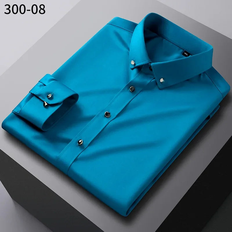 Men's long sleeve silk shirt by Showlu Fashion, featuring diamond buttons, anti-wrinkle, soft stretch fabric, ideal for formal or social wear.